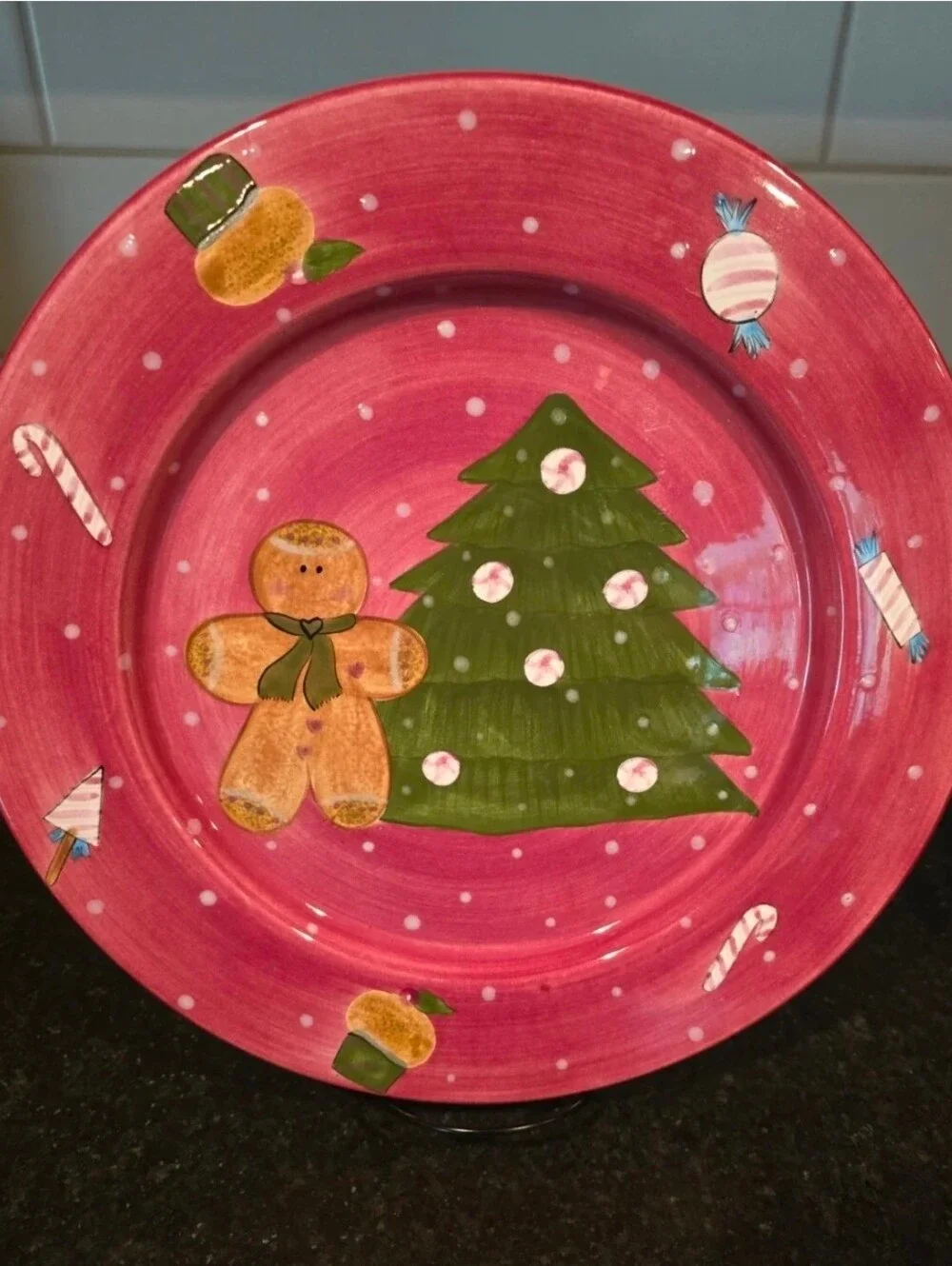 Vintage Laurie Gates Christmas Treat Gingerbread Holiday Round Platter 13 Inches